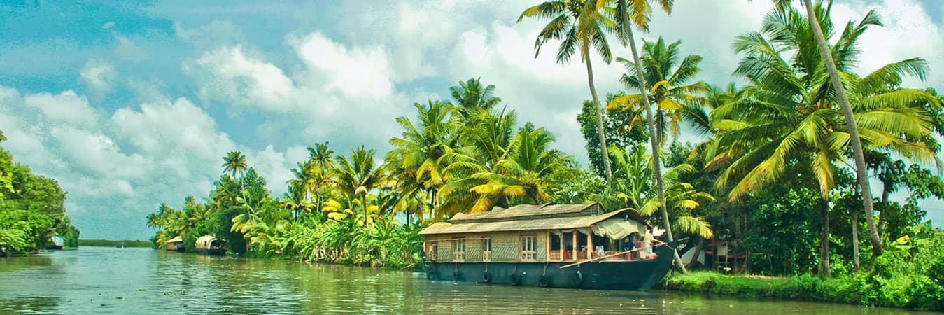 Traditional houseboat moored on calm Kerala backwaters lined with coconut palms