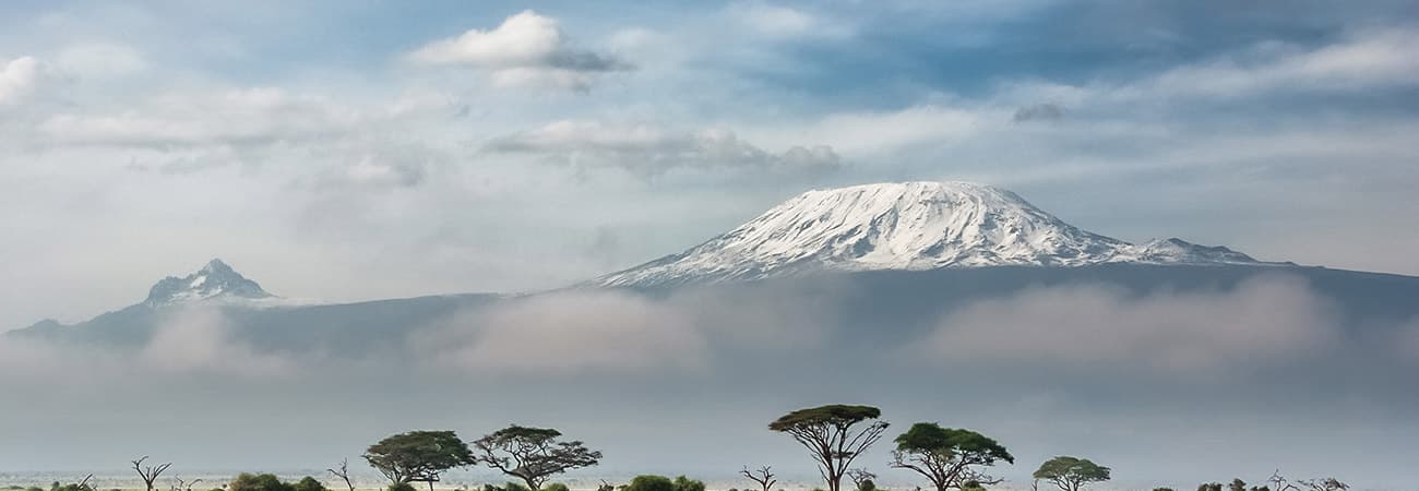 Snow-capped summit of Kilimanjaro above clouds with acacia trees on the plain below