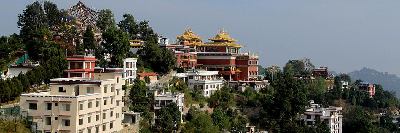 Namobuddha monastery with golden roofs on a wooded hilltop above white houses