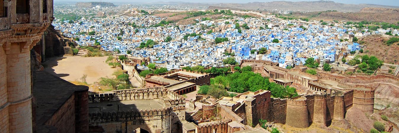 Blue houses of Jodhpur spread below the sandstone walls of a hilltop fort
