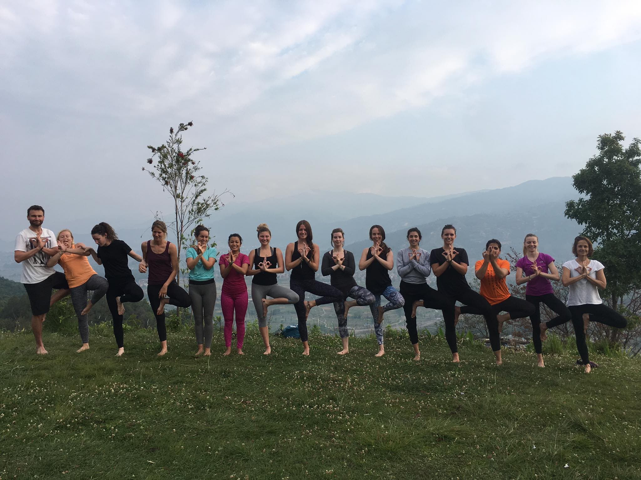 Group holding a tree pose together on a grassy hilltop above misty green hills