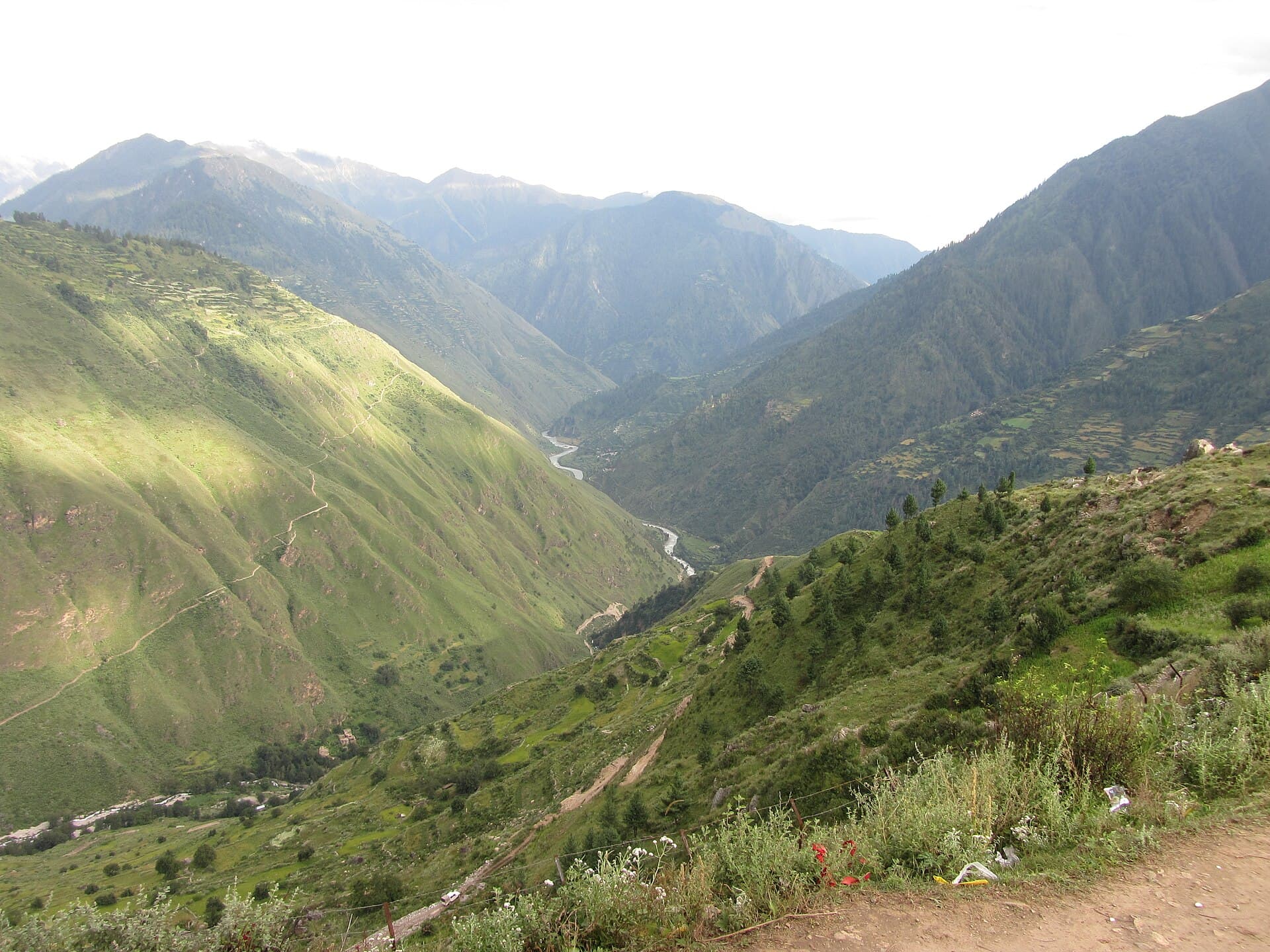 Karnali river valley with terraced slopes in Humla