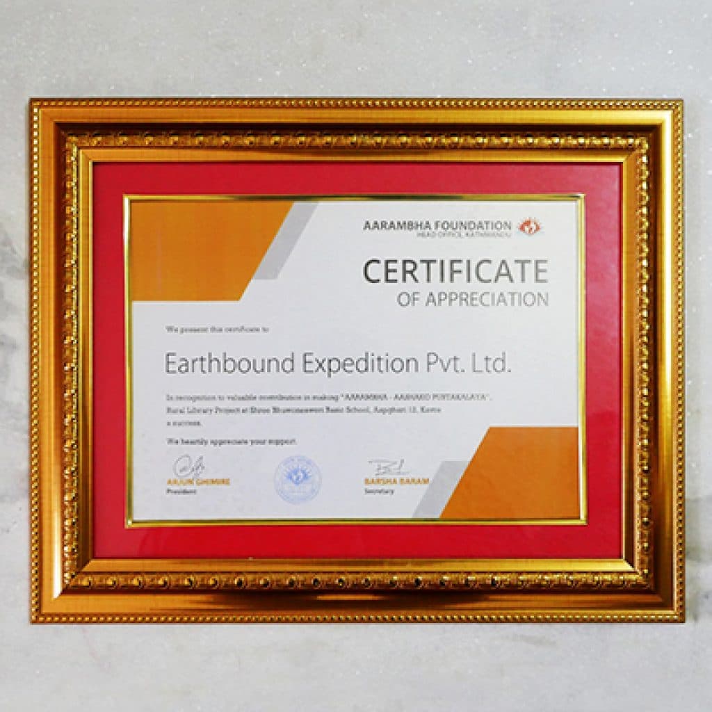 Gold-framed Aarambha Foundation certificate of appreciation for Earthbound Expedition Pvt. Ltd.