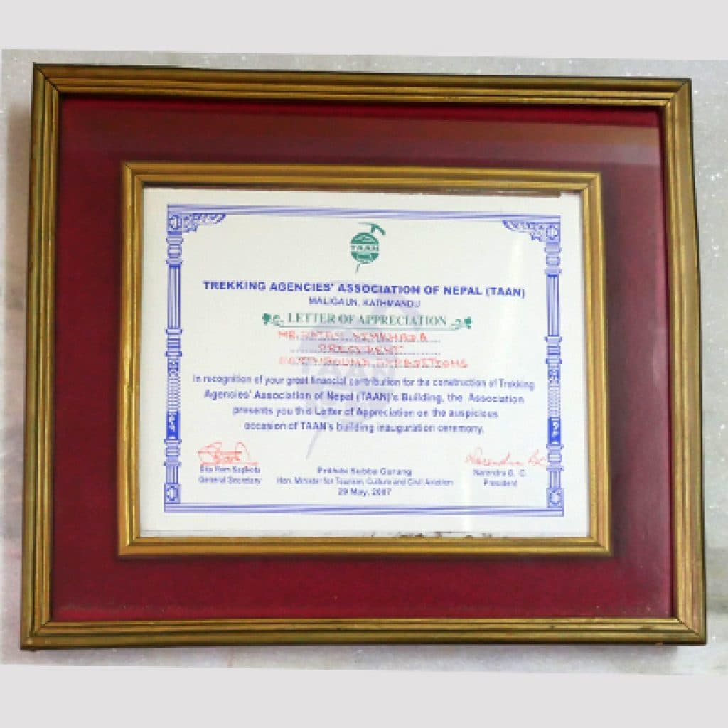 Framed TAAN letter of appreciation to Earthbound Expeditions, dated May 2007