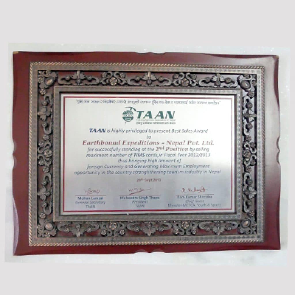 Framed TAAN Best Sales Award plaque presented to Earthbound Expeditions in 2013