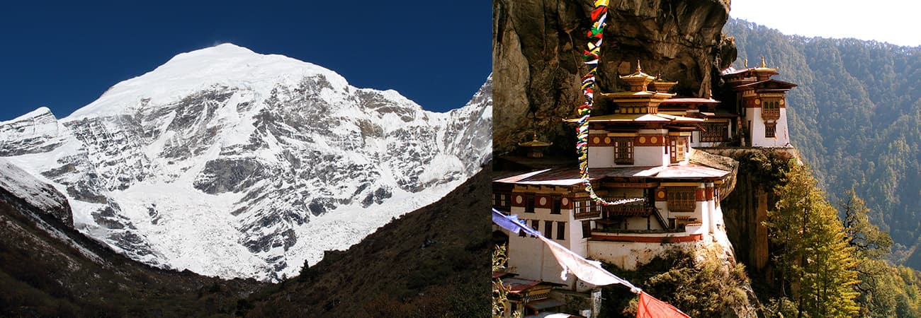 Snow peak of Jhomolhari beside Paro Taktsang monastery clinging to a cliff in Bhutan